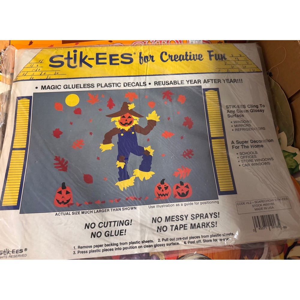 Vintage 1993 Stik-Ees Scarecrow Halloween Fall Window Clings Decals 650165 USA